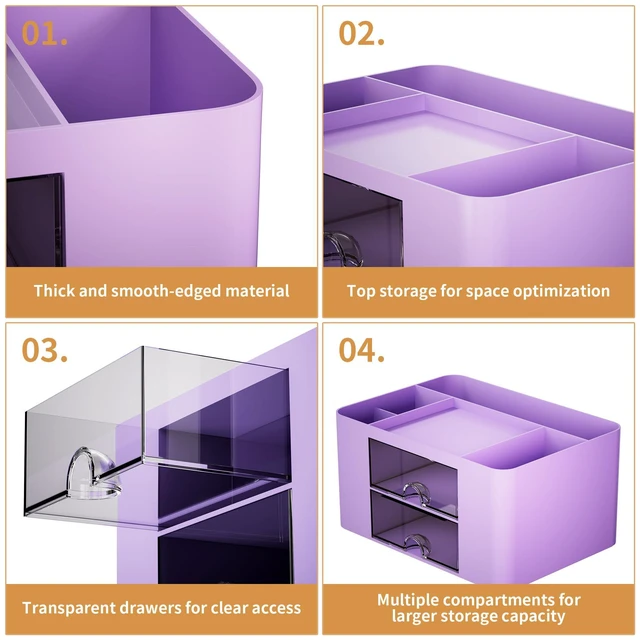 Alt view image 6 of 7 - Pen Organizer with 2 Drawer, Multi-Functional Pencil Holder for Desk, Desk Organizers and Accessories with 5 Compartments + Drawer for Office Art Supplies (Purple)