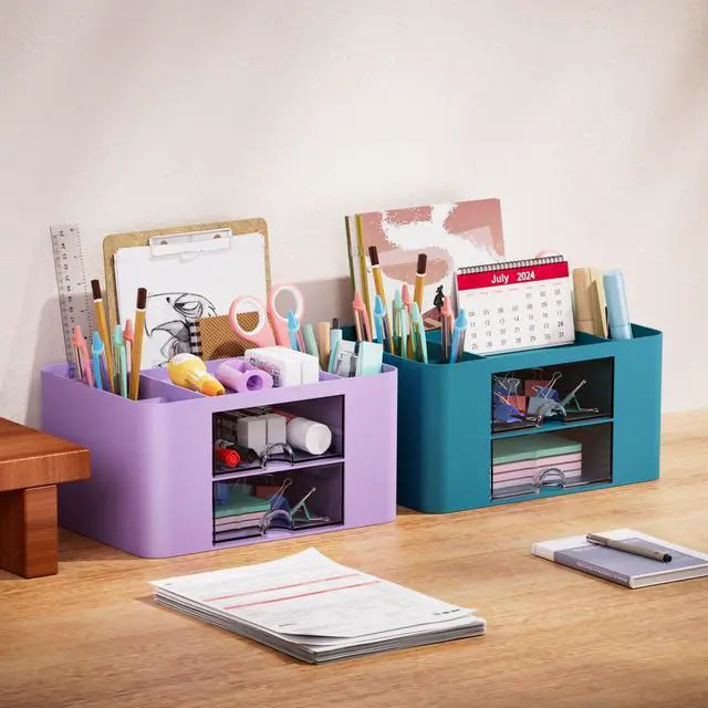 Alt view image 5 of 7 - Pen Organizer with 2 Drawer, Multi-Functional Pencil Holder for Desk, Desk Organizers and Accessories with 5 Compartments + Drawer for Office Art Supplies (Purple)