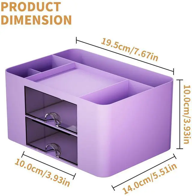 Alt view image 4 of 7 - Pen Organizer with 2 Drawer, Multi-Functional Pencil Holder for Desk, Desk Organizers and Accessories with 5 Compartments + Drawer for Office Art Supplies (Purple)