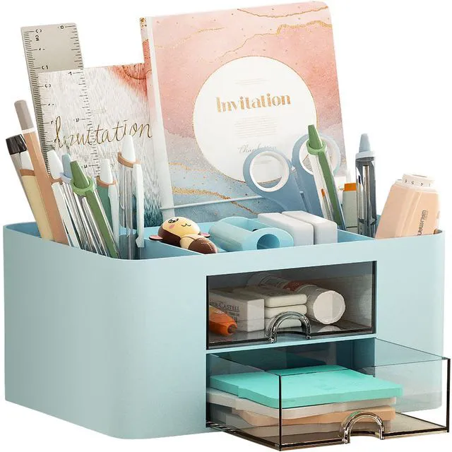 Main image of Pen Organizer with 2 Drawer, Multi-Functional Pencil Holder for Desk, Desk Organizers and Accessories with 5 Compartments + Drawer for Office Art Supplies (Blue)