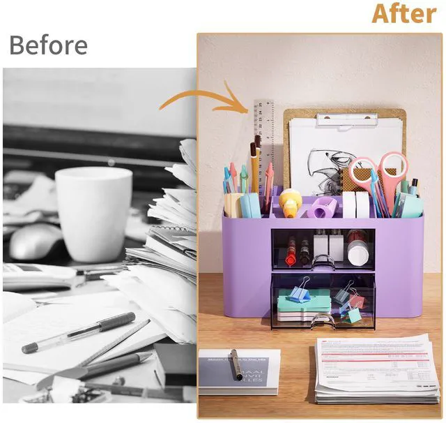 Alt view image 7 of 7 - Pen Organizer with 2 Drawer, Multi-Functional Pencil Holder for Desk, Desk Organizers and Accessories with 5 Compartments + Drawer for Office Art Supplies (Purple)