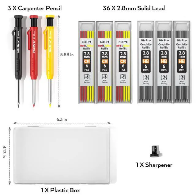 Alt view image 7 of 7 - 3 Pack Carpenter Pencils with Sharpener, Pencils for Construction 39 Refills, Comfortable Grip Construction Pencil, Heavy Duty Woodworking Pencil for Architect (Red, Black, Yellow)- With Case