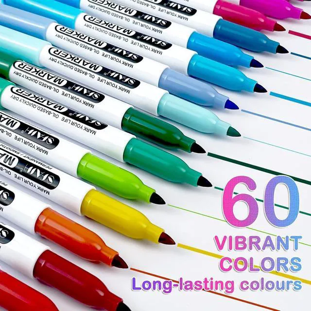 Alt view image 2 of 4 - 60 Colors Permanent Markers Fine Point, Art Coloring & Crafts & Mark Assorted Vibrant Colors, Quick-Drying Waterproof, Long-Lasting, Work on Paper Posters Plastic Fabric Drawing, School & Office