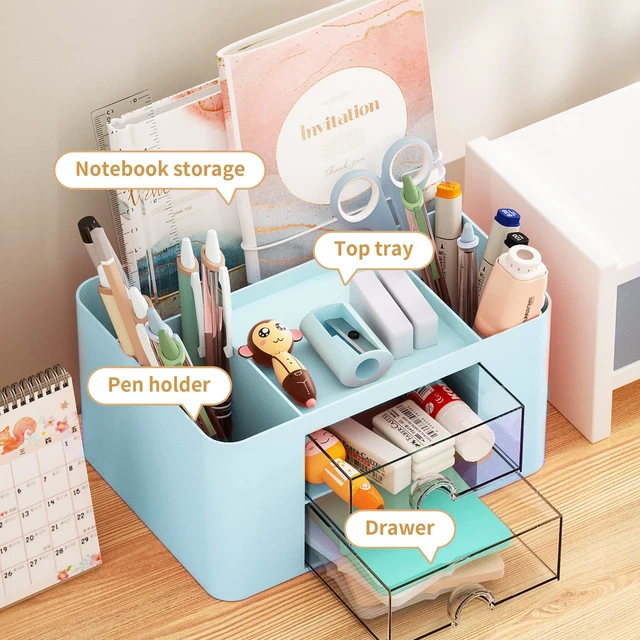 Alt view image 2 of 7 - Pen Organizer with 2 Drawer, Multi-Functional Pencil Holder for Desk, Desk Organizers and Accessories with 5 Compartments + Drawer for Office Art Supplies (Blue)