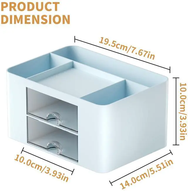 Alt view image 4 of 7 - Pen Organizer with 2 Drawer, Multi-Functional Pencil Holder for Desk, Desk Organizers and Accessories with 5 Compartments + Drawer for Office Art Supplies (Blue)