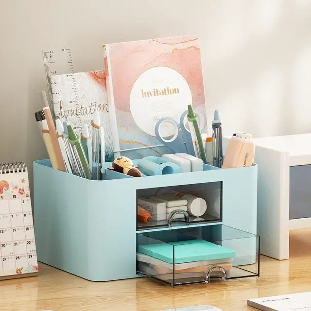 Alt view image 5 of 7 - Pen Organizer with 2 Drawer, Multi-Functional Pencil Holder for Desk, Desk Organizers and Accessories with 5 Compartments + Drawer for Office Art Supplies (Blue)