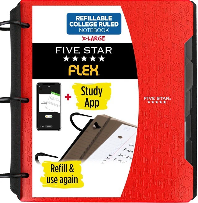 Main image of Flex Refillable Notebook + Study App, College Ruled Paper and 1-1/2 Inch TechLock Ring Binder with Pockets, Tabs and Dividers, 300 Sheet Capacity, Fire Red (29324AB2)