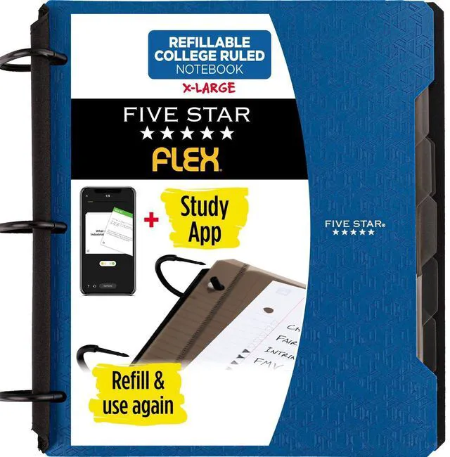 Main image of Flex Refillable Notebook + Study App, College Ruled Paper and 1-1/2 Inch TechLock Ring Binder with Pockets, Tabs and Dividers, 300 Sheet Capacity, Pacific Blue (29324AD2)