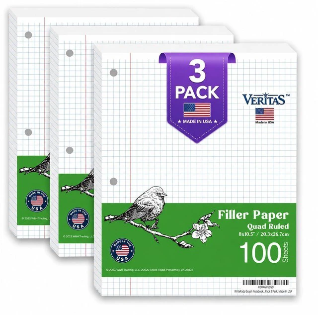 Main image of Graph Paper Loose Leaf Paper, 300 Sheets, 8 x 10.5 Inch 4x4 Quad Ruled Graphing Paper, 3 Hole Punched Filler Notebook Paper for 3 Ring Binders, 65 GSM, Made in USA