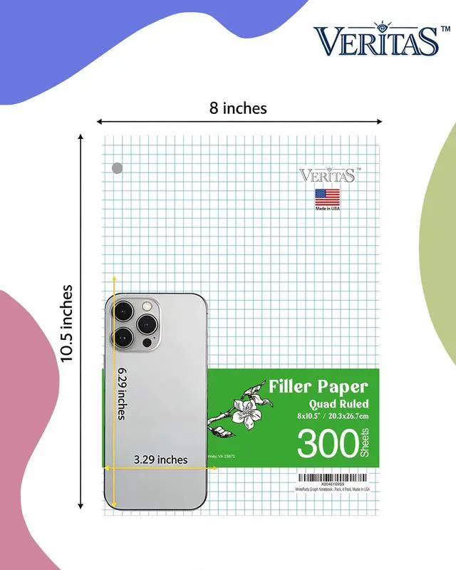 Alt view image 3 of 7 - Graph Paper Loose Leaf Paper, 300 Sheets, 8 x 10.5 Inch 4x4 Quad Ruled Graphing Paper, 3 Hole Punched Filler Notebook Paper for 3 Ring Binders, 65 GSM, Made in USA