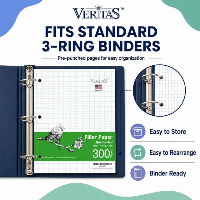 Alt view image 5 of 7 - Graph Paper Loose Leaf Paper, 300 Sheets, 8 x 10.5 Inch 4x4 Quad Ruled Graphing Paper, 3 Hole Punched Filler Notebook Paper for 3 Ring Binders, 65 GSM, Made in USA