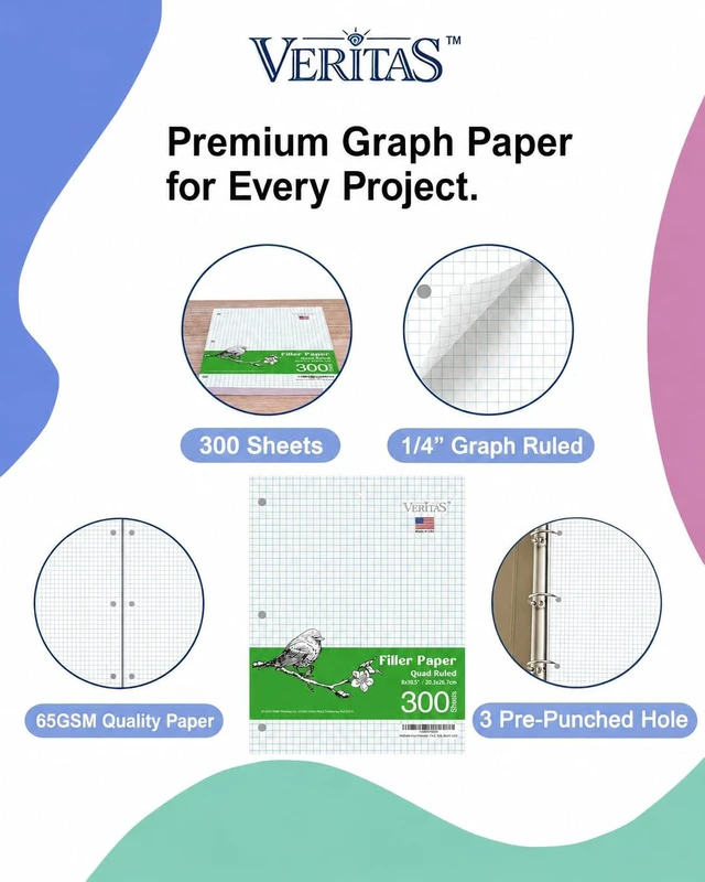 Alt view image 6 of 7 - Graph Paper Loose Leaf Paper, 300 Sheets, 8 x 10.5 Inch 4x4 Quad Ruled Graphing Paper, 3 Hole Punched Filler Notebook Paper for 3 Ring Binders, 65 GSM, Made in USA