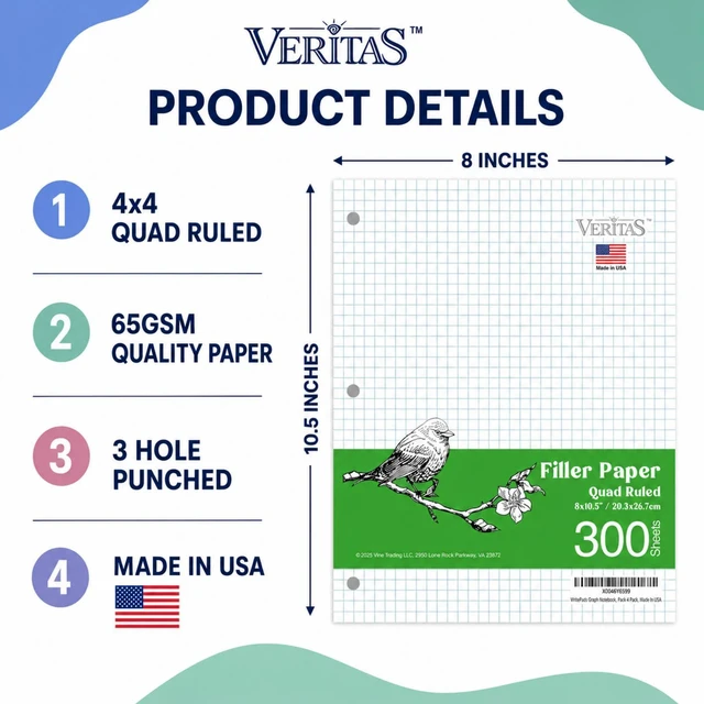 Alt view image 2 of 7 - Graph Paper Loose Leaf Paper, 300 Sheets, 8 x 10.5 Inch 4x4 Quad Ruled Graphing Paper, 3 Hole Punched Filler Notebook Paper for 3 Ring Binders, 65 GSM, Made in USA