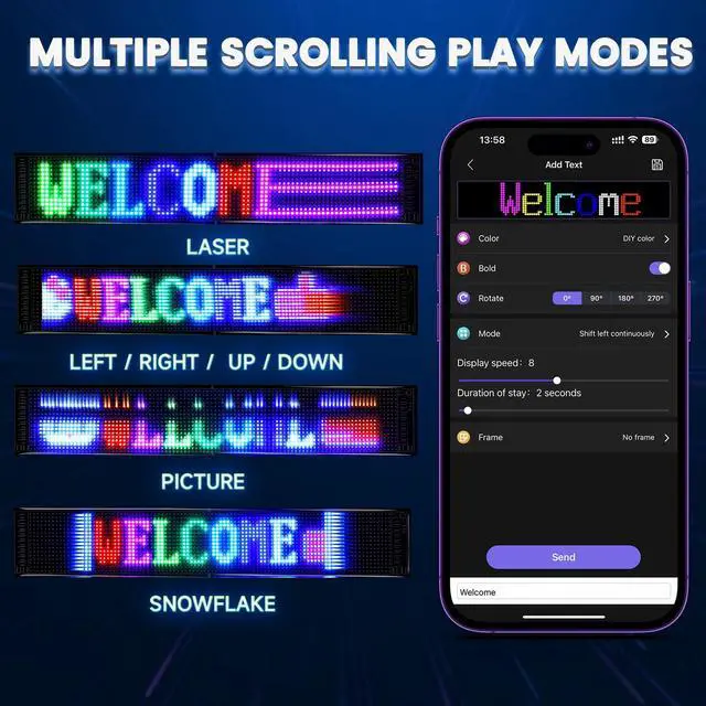 Alt view image 4 of 6 - Large Programmable LED Sign, 37''x8'' Flexible Indoor LED Store Sign with Remote, Scrolling Bluetooth APP Control Custom Text Pattern Animation digital Display for Store School Hotel