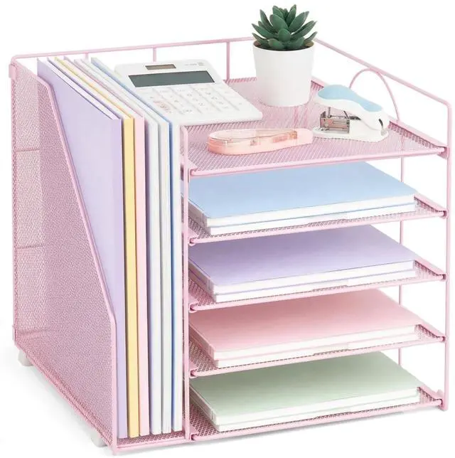 Main image of Desk Organizers and Accessories, 5-Tier Paper Letter Tray Organizer with File Holder, Desktop Organizer for Office Supplies (Pink)