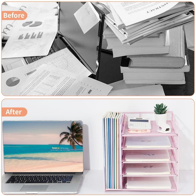 Alt view image 2 of 6 - Desk Organizers and Accessories, 5-Tier Paper Letter Tray Organizer with File Holder, Desktop Organizer for Office Supplies (Pink)