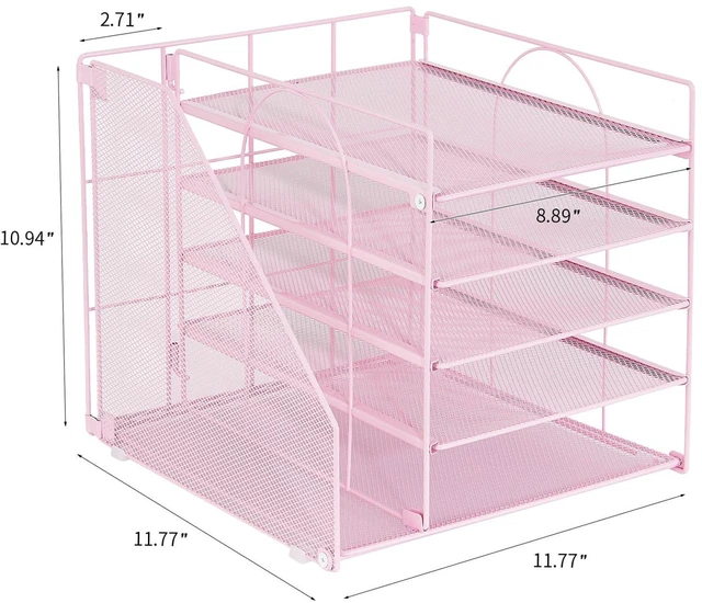 Alt view image 3 of 6 - Desk Organizers and Accessories, 5-Tier Paper Letter Tray Organizer with File Holder, Desktop Organizer for Office Supplies (Pink)