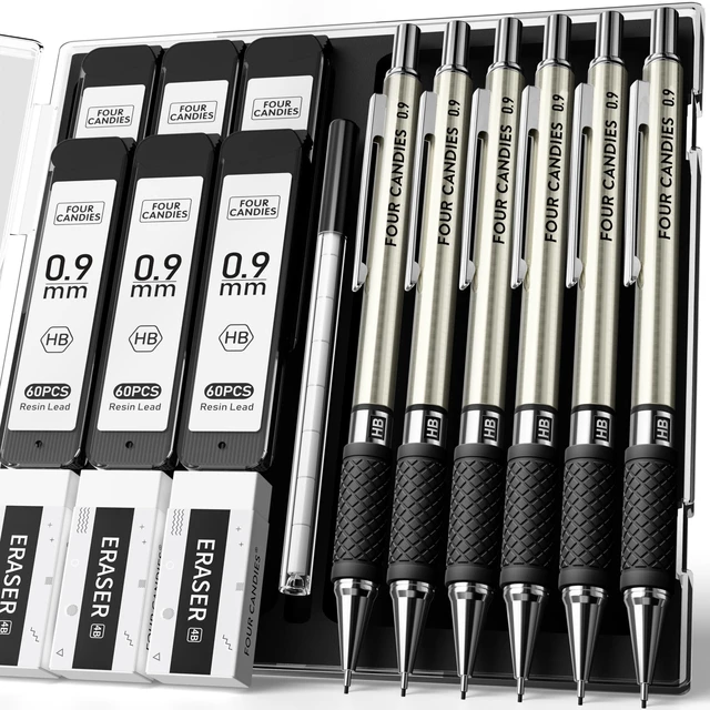 Main image of Metal Mechanical Pencil Set with Case, 6-Pack 0.9mm Break-Resistant 360 Leads, 12 Erasers, Non-Slip Grips, For School Writing, Sketching, Art Drawing & Professional Drafting