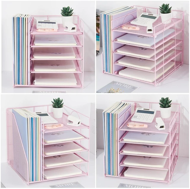 Alt view image 4 of 6 - Desk Organizers and Accessories, 5-Tier Paper Letter Tray Organizer with File Holder, Desktop Organizer for Office Supplies (Pink)