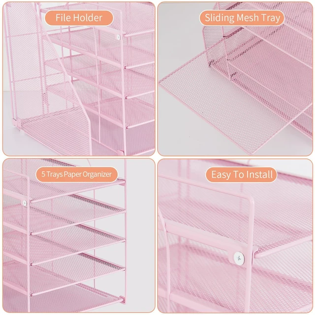 Alt view image 5 of 6 - Desk Organizers and Accessories, 5-Tier Paper Letter Tray Organizer with File Holder, Desktop Organizer for Office Supplies (Pink)