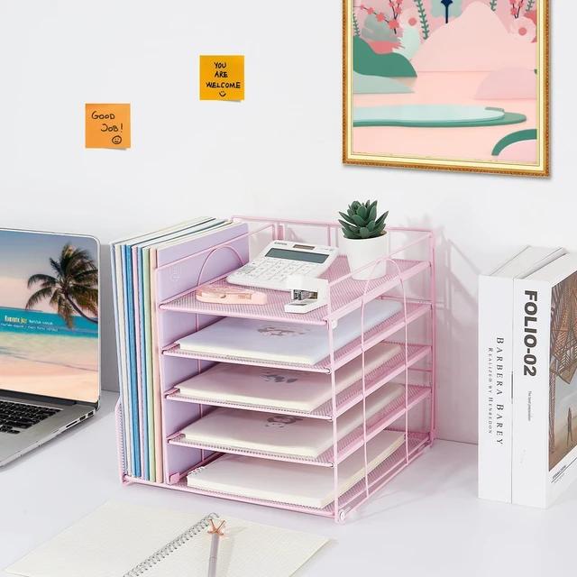 Alt view image 6 of 6 - Desk Organizers and Accessories, 5-Tier Paper Letter Tray Organizer with File Holder, Desktop Organizer for Office Supplies (Pink)