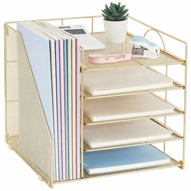 Main image of Desk Organizers and Accessories, 5-Tier Paper Letter Tray Organizer with File Holder, Desktop Organizer for Office Supplies (Gold)