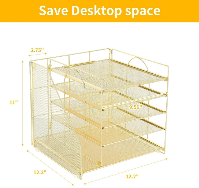 Alt view image 4 of 6 - Desk Organizers and Accessories, 5-Tier Paper Letter Tray Organizer with File Holder, Desktop Organizer for Office Supplies (Gold)