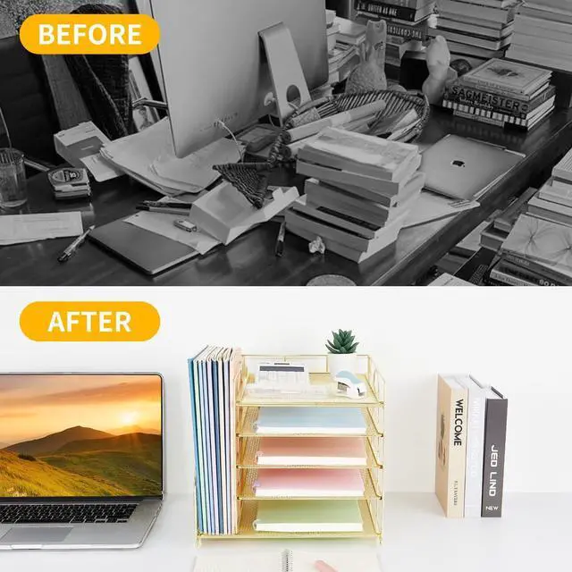 Alt view image 2 of 6 - Desk Organizers and Accessories, 5-Tier Paper Letter Tray Organizer with File Holder, Desktop Organizer for Office Supplies (Gold)