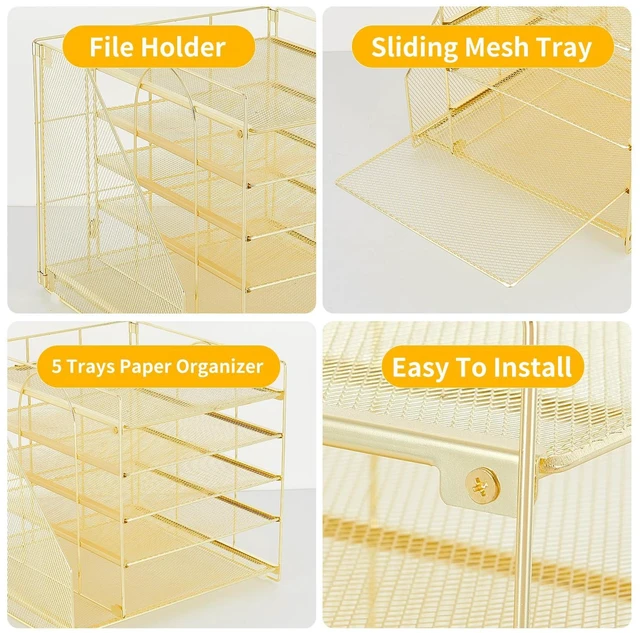 Alt view image 3 of 6 - Desk Organizers and Accessories, 5-Tier Paper Letter Tray Organizer with File Holder, Desktop Organizer for Office Supplies (Gold)