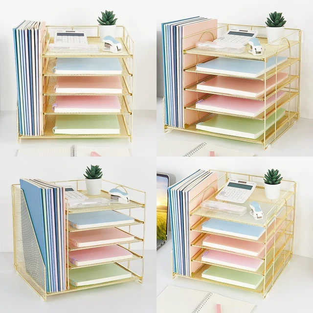 Alt view image 5 of 6 - Desk Organizers and Accessories, 5-Tier Paper Letter Tray Organizer with File Holder, Desktop Organizer for Office Supplies (Gold)