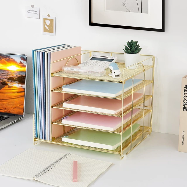 Alt view image 6 of 6 - Desk Organizers and Accessories, 5-Tier Paper Letter Tray Organizer with File Holder, Desktop Organizer for Office Supplies (Gold)