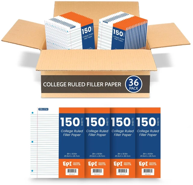 Main image of Filler Paper | College Ruled | Loose Leaf, 3-Hole Punched, 10.5 x 8 in, 150 Sheets | School, Office, Notes, Binder Refill - 36 Pack
