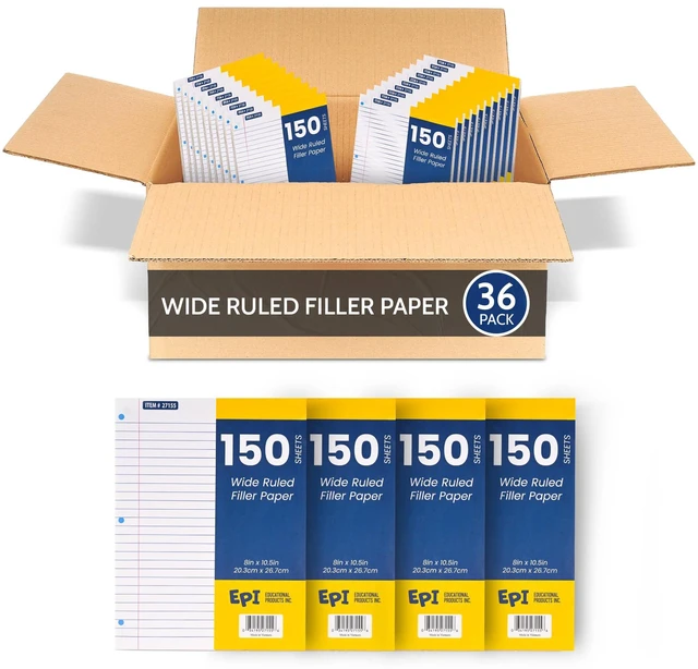 Main image of Filler Paper | Wide Ruled | Loose Leaf, 3-Hole Punched, 10.5 x 8 in, 150 Sheets | School, Office, Notes, Binder Refill - 36 Pack