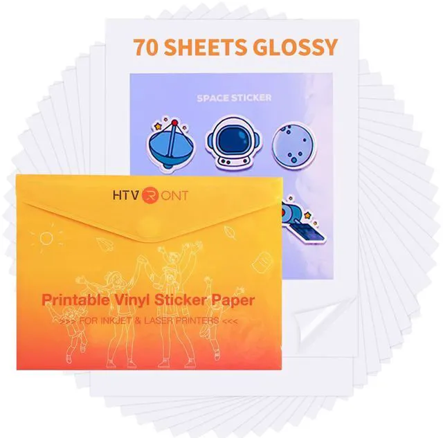 Main image of Printable Vinyl Sticker Paper, 8.5"X11", 70 Sheets, Glossy White For Inkjet Printer, Dries Quickly, Great Stickiness, Easy to Use & Peeling Off, Anti-Curl & Jam-Free Design, Vivid Prints