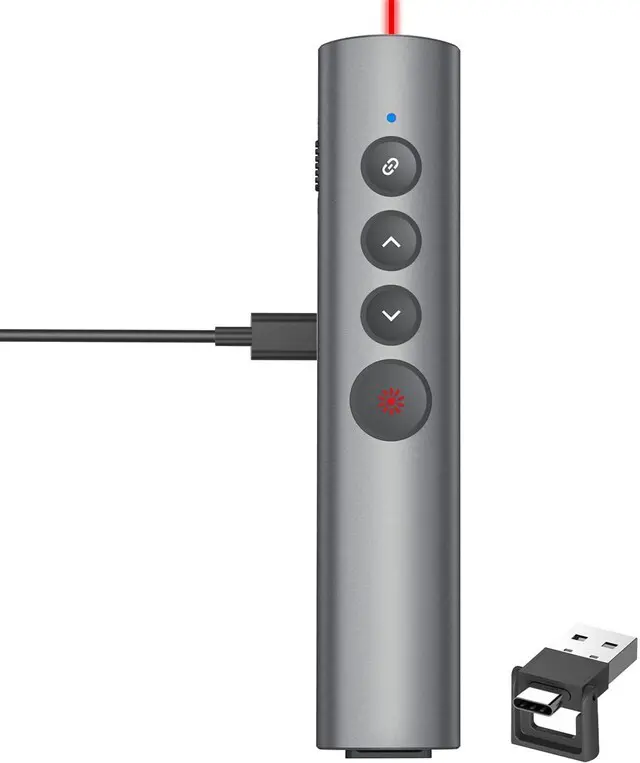 Main image of Aluminum Alloy Presentation Clicker with Red Laser Pointer 2in1 USB/Type C Receiver Wireless Presenter Remote PowerPoint Clicker for Computer Laptop/PPT/Google Slides/Windows/Mac