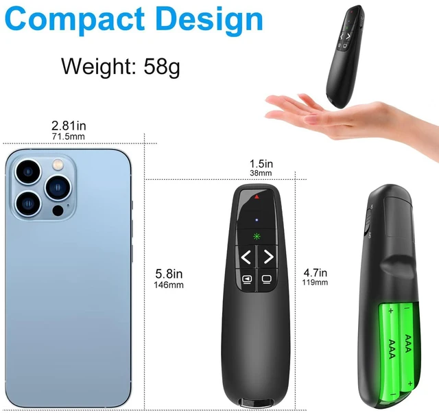 Alt view image 5 of 7 - Wireless Presentation Clicker Remote for PowerPoint, Presenter Ergonomic 2in1 USB/Type C Receiver PowerPoint Remote with Green Laser Pointer for Computer Laptop/PPT/Google Slides