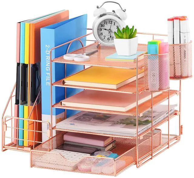 Main image of Rose Gold Desk Organizer with File Holder, 5-Tier Paper Letter Tray Organizer and Drawer, Mesh Desktop Storage with Magazine Holder for Office Supplies