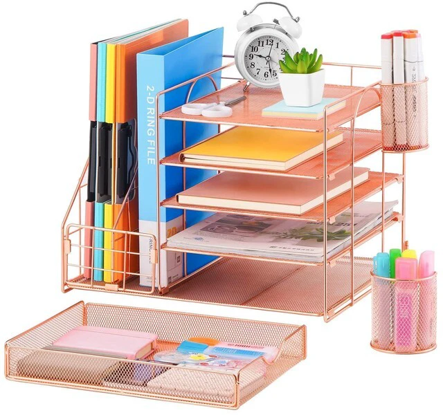 Alt view image 2 of 6 - Rose Gold Desk Organizer with File Holder, 5-Tier Paper Letter Tray Organizer and Drawer, Mesh Desktop Storage with Magazine Holder for Office Supplies