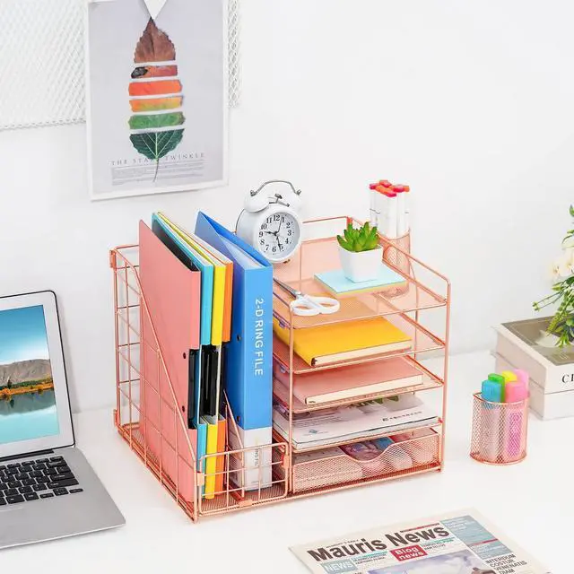 Alt view image 3 of 6 - Rose Gold Desk Organizer with File Holder, 5-Tier Paper Letter Tray Organizer and Drawer, Mesh Desktop Storage with Magazine Holder for Office Supplies