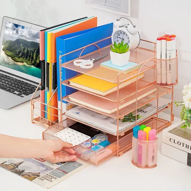 Alt view image 5 of 6 - Rose Gold Desk Organizer with File Holder, 5-Tier Paper Letter Tray Organizer and Drawer, Mesh Desktop Storage with Magazine Holder for Office Supplies