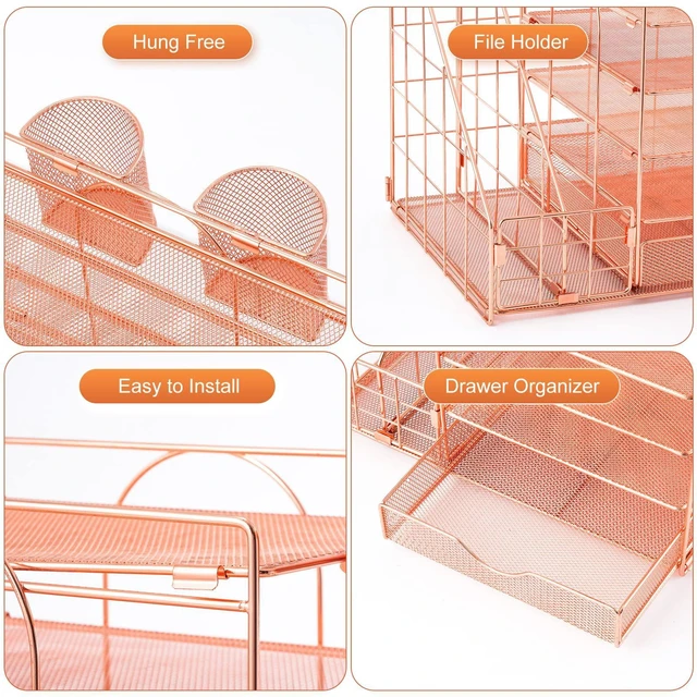 Alt view image 4 of 6 - Rose Gold Desk Organizer with File Holder, 5-Tier Paper Letter Tray Organizer and Drawer, Mesh Desktop Storage with Magazine Holder for Office Supplies