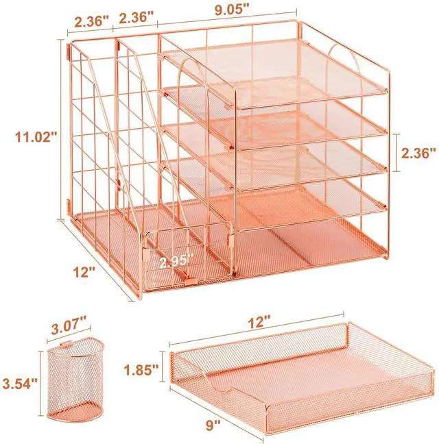 Alt view image 6 of 6 - Rose Gold Desk Organizer with File Holder, 5-Tier Paper Letter Tray Organizer and Drawer, Mesh Desktop Storage with Magazine Holder for Office Supplies