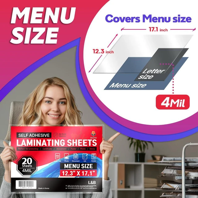 Alt view image 2 of 7 - 4mil Self-Adhesive Laminating Sheets 20 Pack, Menu Size, 12.3x17.1 Inches, No Machine Needed