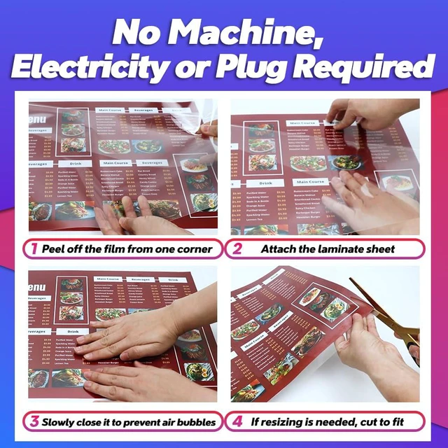 Alt view image 3 of 7 - 4mil Self-Adhesive Laminating Sheets 20 Pack, Menu Size, 12.3x17.1 Inches, No Machine Needed