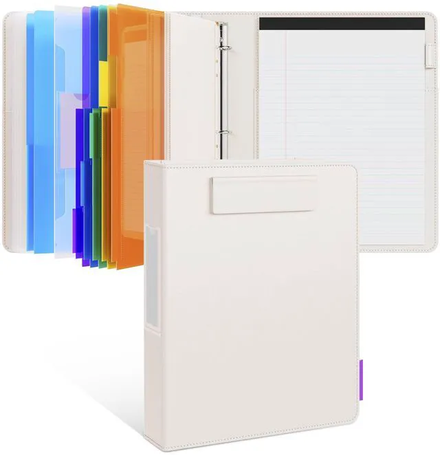 Main image of 3 Ring Binder Clipboard with Storage, 5 Folders, Beige 3 ring clipboard portfolio combines five expandable folders, a refillable letter size notepad and storage