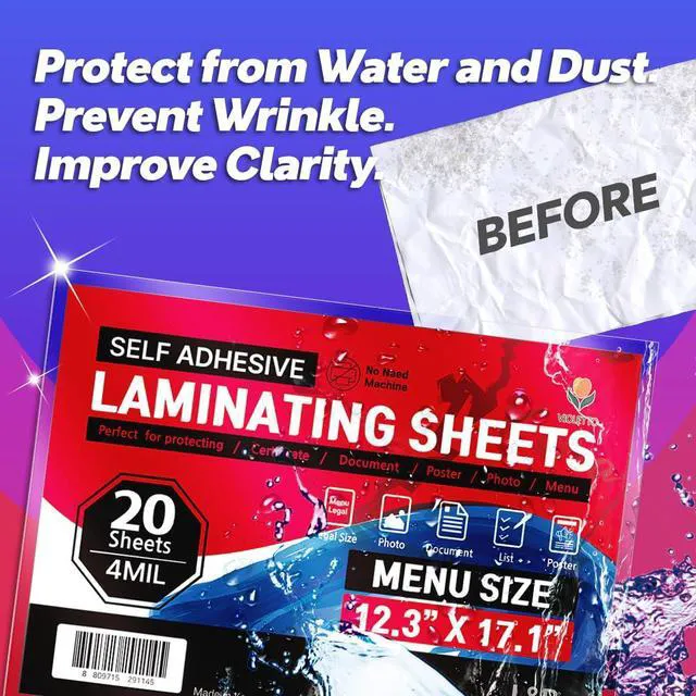 Alt view image 6 of 7 - 4mil Self-Adhesive Laminating Sheets 20 Pack, Menu Size, 12.3x17.1 Inches, No Machine Needed