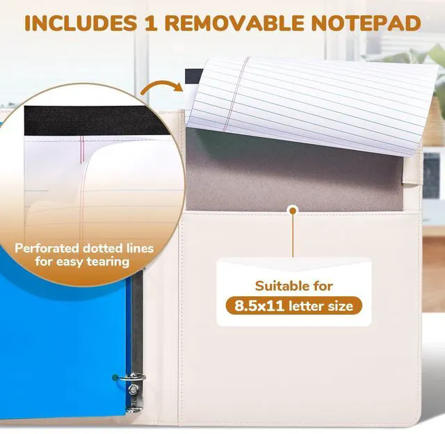 Alt view image 6 of 7 - 3 Ring Binder Clipboard with Storage, 5 Folders, Beige 3 ring clipboard portfolio combines five expandable folders, a refillable letter size notepad and storage