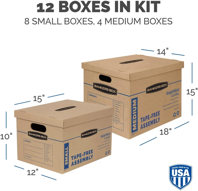 Alt view image 2 of 7 - Classic Moving Box 12 Pack Kit, Reinforced Handles, Tape-Free Assembly, Box with Lid, 8 Small and 4 Medium Boxes (7716401)