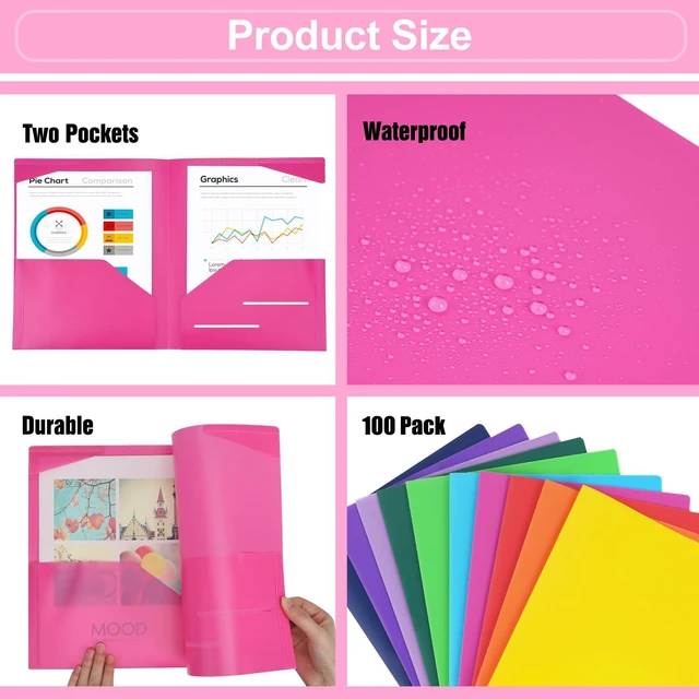 Alt view image 4 of 7 - 100pcs Plastic Folders with Pockets, Heavy Duty Pocket Folders with 4 Pockets for Office and School, Letter Size, 10 Assorted Colors