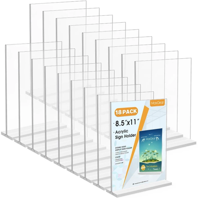 Main image of Acrylic Sign Holder 8.5" x 11" Double Sided Display Stand, 18 Pack Clear Acrylic, Double-Sided Display, Stable Tabletop Stand, Quick Paper Replacement, Fits Menus, Signs, Notices, Photos